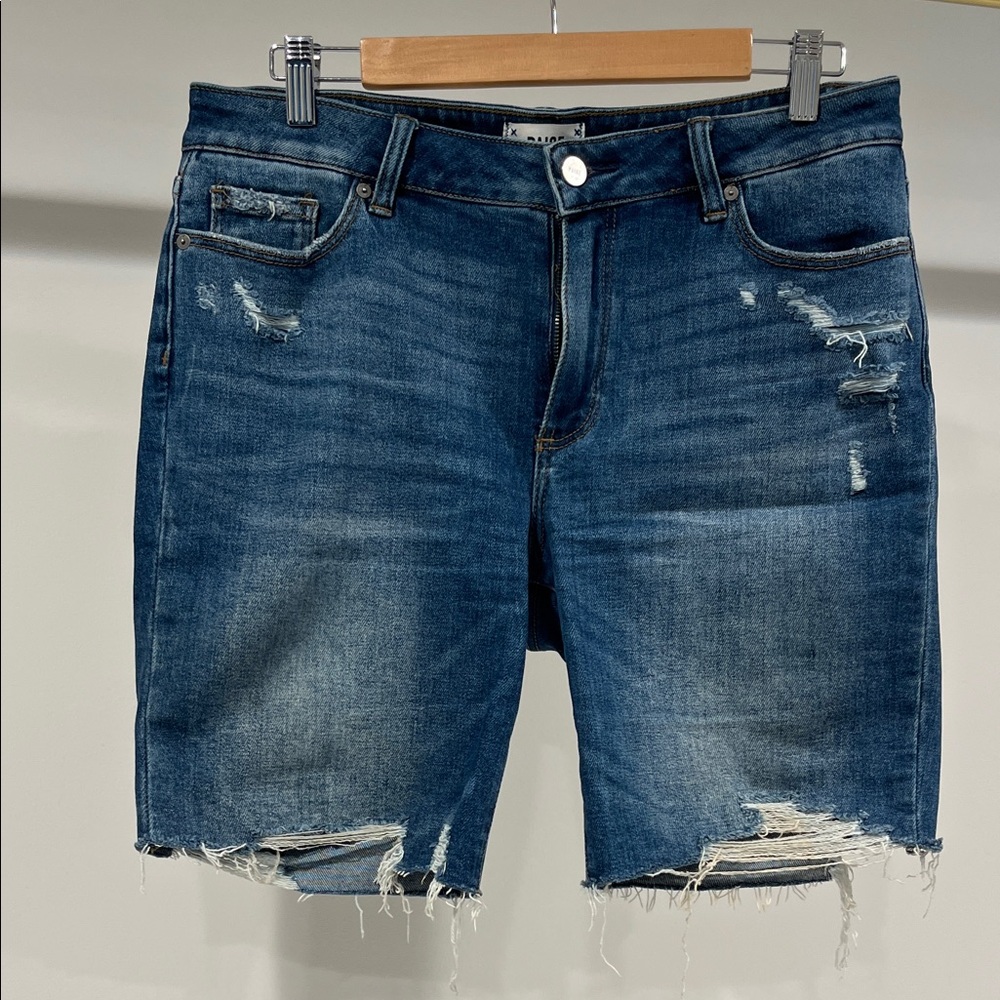 PAIGE Dark Blue Distressed Jean Shorts